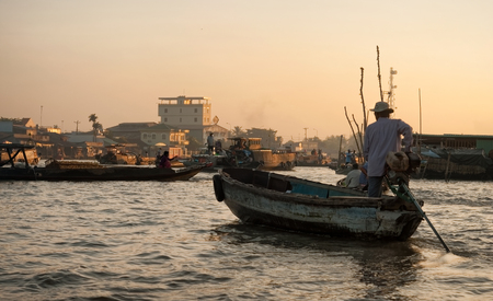 Situation of Floating Market in Can Tho Vietnam after Sunriseの写真素材