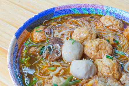 Meat Noodle in a bowl  Thai Noodle small line with beef and meat ball.  for lunch. Thailand foodの写真素材