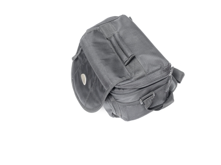 black camera bag on open  white background , select focus Top viewの写真素材