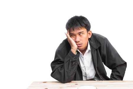 portrait show Businessman. young male  Students School Business Headaches are using the idea,on white background.の写真素材