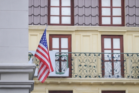 American flag on building, the  proudly displaying theirの写真素材