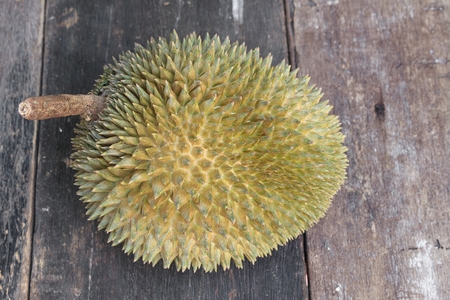 durian ripe fruit which has thorn on the wood board background. with copy space for add text