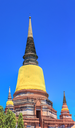 pagoda old in Temple Thailand, at Wat yai chaimongkol, province Ayutthaya with blue sky,  image Panoramaの写真素材