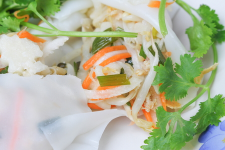 Closeup Fresh Spring Roll  with vegetable and coriander, Thailand foodの写真素材