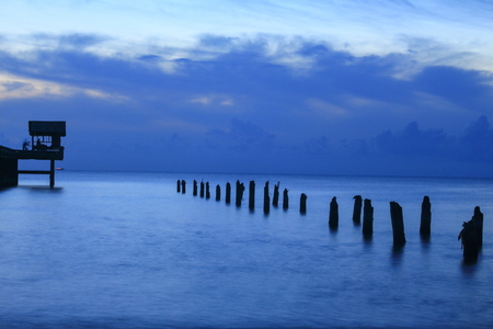 sunset landscape twilight time beautiful at bridge harbor and sea in evening for background with copy space.の写真素材