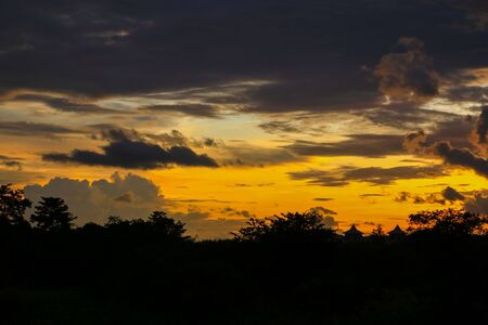 Sunset with silhouette tree in woodland and sky colorful beautiful evening on natureの写真素材