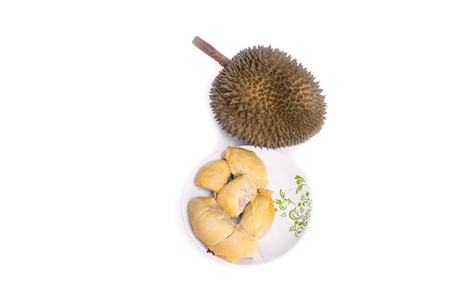 durian ripe meat yellow in plate,  tropical fruit on white backgroundの写真素材