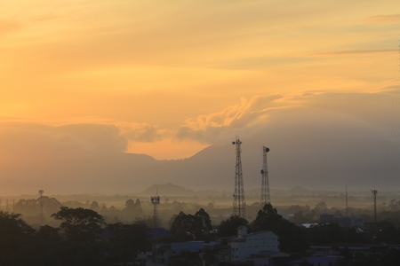 sunrise sky in the morning and silhouette building in city  colorful nature. with copy space for add textの写真素材