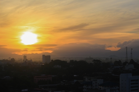 sunrise sky in the morning and silhouette building in city  colorful nature. with copy space for add textの写真素材