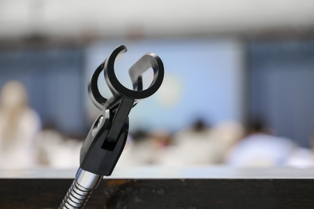 Stand plastic black empty of microphone  Select focus with shallow depth of field.の写真素材