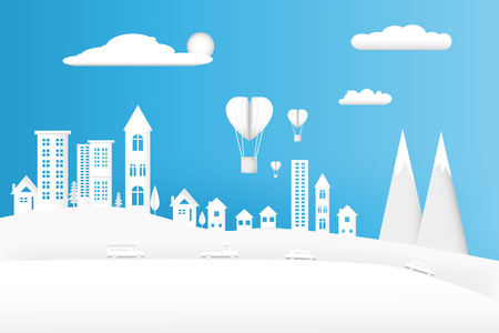 Balloon Heart float in concept love valentine day design art paper style on sky background with the city. illustration Vectorのイラスト素材
