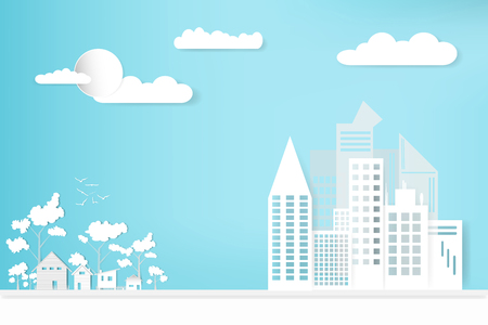 landscape city town and house with sky cloud background. concept 
growth in the countryside. design paper art style. illustration vectorのイラスト素材