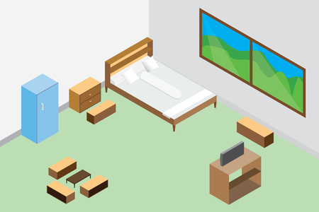 modern bedroom interior and furniture wooden, refrigerator
design vector illustration. room isometric styleのイラスト素材