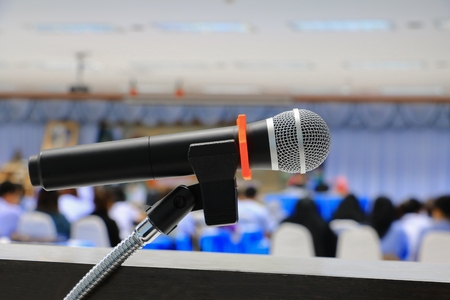 microphone on stand Close up in conference room :Select focus with shallow depth of field.の写真素材