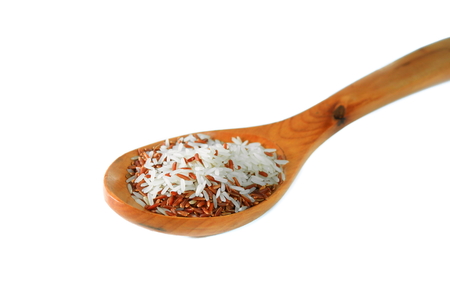 rice white and brown  in wood spoon Close upの写真素材