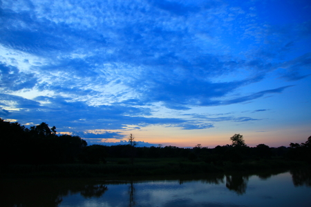 sky in sunset cloud colorful beautiful with silhouette  tree woodland and river reflect in countryside evening on natureの写真素材