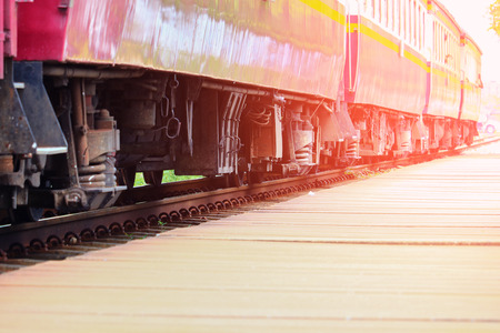 train wheel close up on railway track at station with sunset light tone Select focus with shallow...