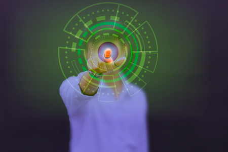 future technology businessman touch button inerface digital screen on black background concept ...