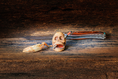 skull on wood in Halloween day concept on old vintage wooden background. still life style with copy space add text ( full High definition  Photo)の写真素材