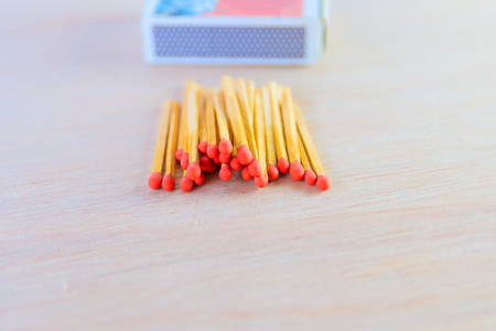 match stick in box  with red head concept energy old vintage on wooden floor background with copy space add text  ( high definition image )の写真素材