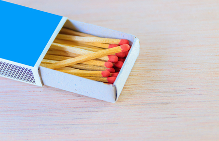match stick in box  with red head concept energy old vintage on wooden floor background with copy space add text  ( high definition image )の写真素材