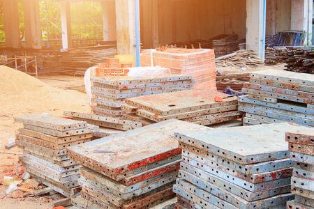 steel sheet pile in construction site with house renovate and copy space add text