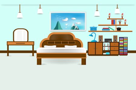 bedroom interior flat design relax with bed vanity
and bookshelf, speaker system, picture frame sky cloud landscape on mountain, in wall color soft blue background. vector illustration