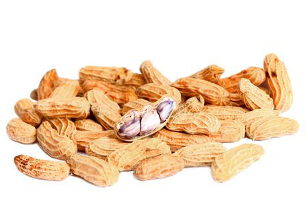 peanut group. nuts close up on white backgroundの写真素材