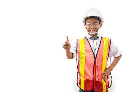 The boy dreams of being an engineer isolated on white background.の写真素材