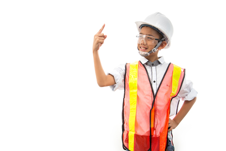 The boy dreams of being an engineer isolated on white background.の写真素材