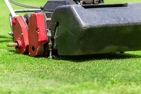 Lawn mower in football field.の写真素材