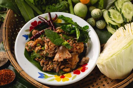 [Thai Esan food] Spicy Mushroom Straw mushroom Salad, Thai Esan local food, Thailandの写真素材