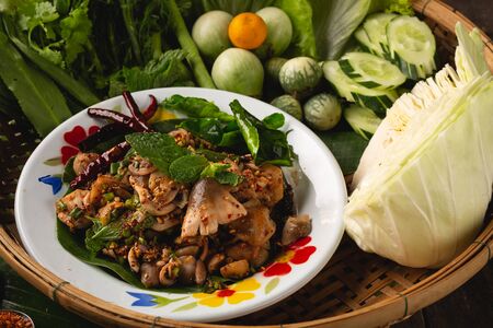 [Thai Esan food] Spicy Mushroom Straw mushroom Salad, Thai Esan local food, Thailandの写真素材
