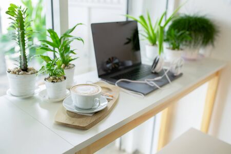 Coffee break, headphone study online, Digital technology education, Work from home, Online business, New normalの写真素材