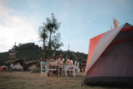 camping tent, camping and tent at Ban Muang Nongkhai among the fields and mountains, lifestyle advanture.の写真素材
