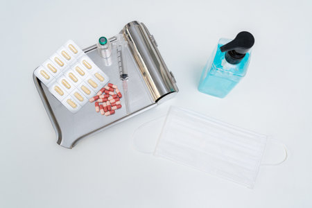 Anti avirus drugs and vaccine with syringe mask and alcohol gel, medicine and drug concept.の写真素材