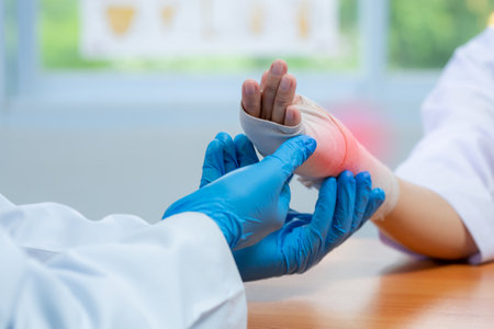 Orthopedic doctor wear medical gloves Of Doctor Hand Tying Bandage On The wrist inflammation Of Patient In Clinicの写真素材