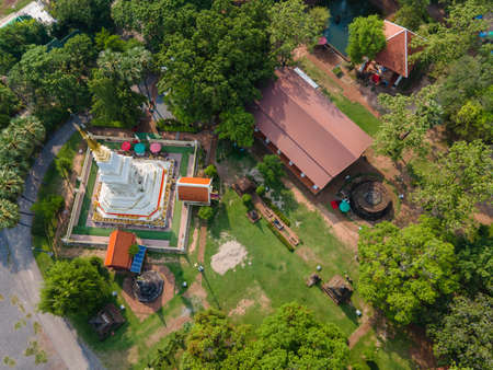 Aerial view Pagoda of Wat Phra That Bang Phuan is the old temple in Nongkhai of Thailandの写真素材