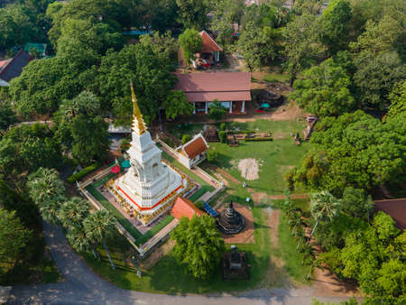 Aerial view Pagoda of Wat Phra That Bang Phuan is the old temple in Nongkhai of Thailandの写真素材