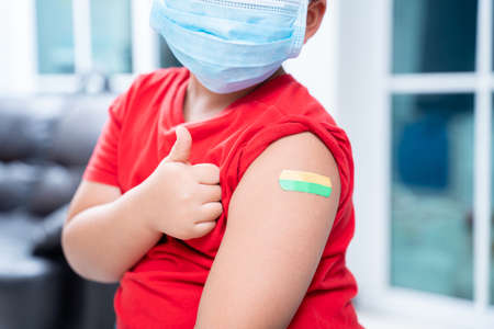 Close up of Asian boy or child wearing a mask in the shoulder with plaster on arm after vaccination in hospital, concept of vaccination against the coronavirus or COVID-19の写真素材