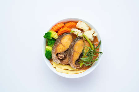 snake head fish in Sour soup made of Tamarind Paste with Vegetable Omelet - Asian food style or Thai...