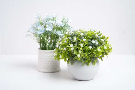 fake flower, plastic flowers in a vase isolated on white backgroundの写真素材