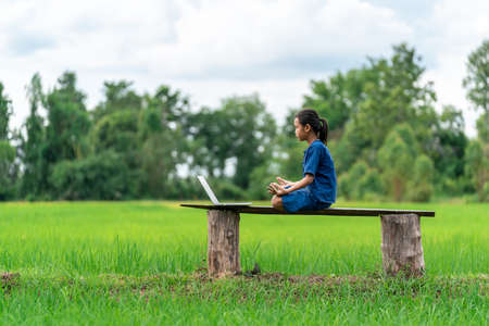 Asian girl studying meditation or yoga by online learning with laptop at outdoor, countryside of Thailandの写真素材