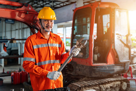 Asian men with large iron wrench in a hand, Powerful Professional Mechanic. Heavy Duty Equipment Maintenance. Industrial Concept.の写真素材