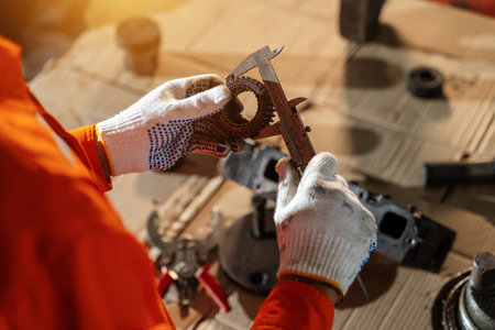 A technician holding of bulldozer sprocket to inspection and repair maintenance heavy machinery, Industrial Theme.の写真素材