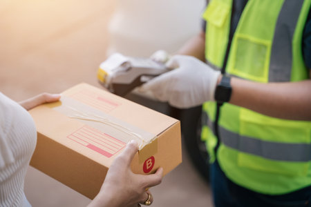 A delivery man using a credit card reader while delivering products to customers at home, Cash on delivery concept with credit card.の写真素材