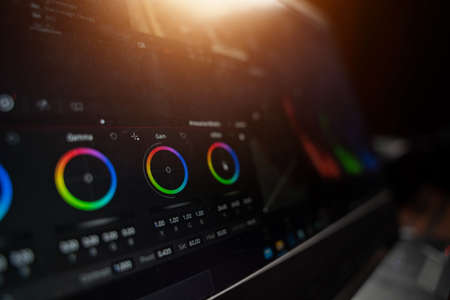 Close up of Program for video editing. Video production. Color Correction.の写真素材