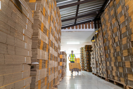 Select focus of Row of brown boxes, Warehouse workers characters unloading boxes in warehouse.