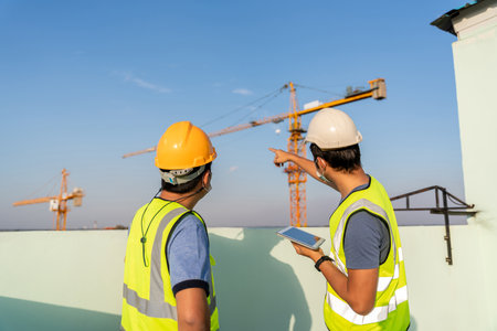 Architect and engineer to inspect and supervise the position of the construction crane at construction siteの写真素材