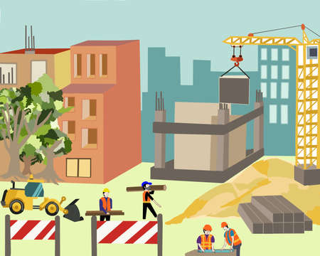 An teamwork engineer and worker under construction Building work process with construction machines at construction site. Vector illustrationの写真素材